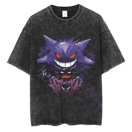 2026 Anime Washed Vintage Summer Pokemon Gengar Short Sleeve Tee Graphic T-Shirt Man Women Cosplay Casual Tops Y2k Streetwear