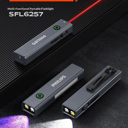 Philips New Flashlight 600LM Supports 3 Type Dimming UV light, Red Laser, 365nm Purple Light, COB,Magnetic Function with a Clip