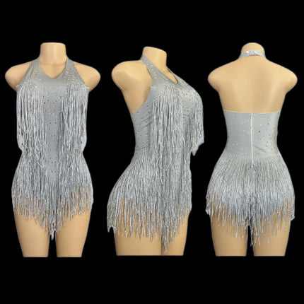 Sparkly Rhinestones Fringe Bodysuit Women Nightclub Party Dance Costume Stage Wear Sexy Tassel Leotard Performance Clothing 7G