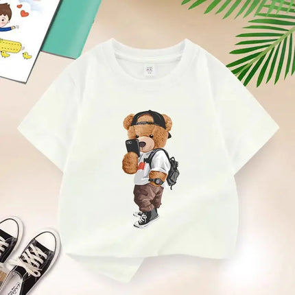 Children's Cool Bear Cartoon T-Shirt, Print Cotton T Shirts, Kids Clothes, Summer Fashion, New, 2026
