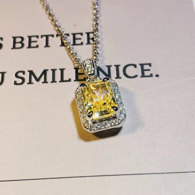 Huitan Luxury Yellow Cubic Zirconia Pendant Necklace for Women Noble Wedding Anniversary Gift Temperament Elegant Lady Jewelry