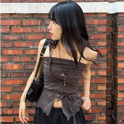 Korean Sle Unique Belted Design Slimming Versatile Split Front Strapl Top Women's Summer Faion Commute Straight Cut Vest