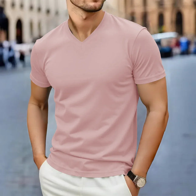 2026 New Men's Casual Fashion Simple V-neck Short Sleeved T-shirt Summer Comfortable Breathable Versatile Top