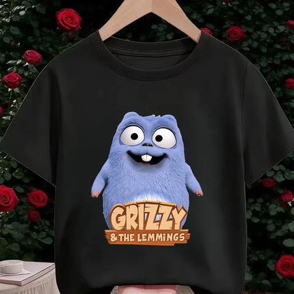 Hot Cartoon Grizzy and the Lemmings T-Shirt 3-14Y Boys Girls Summer Cute Kawaii Fashion Street Casual Crew Neck