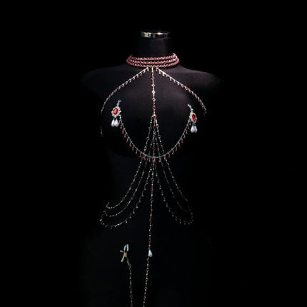 Red Tassel Gem Nipple Clamps Erotic Collar Body Chain Chest Restraint BDSM Women's Sexy Body Accessories Fetish Adult Sex Toys