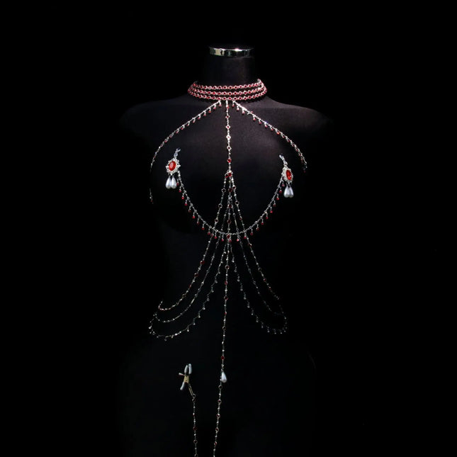 Red Tassel Gem Nipple Clamps Erotic Collar Body Chain Chest Restraint BDSM Women's Sexy Body Accessories Fetish Adult Sex Toys