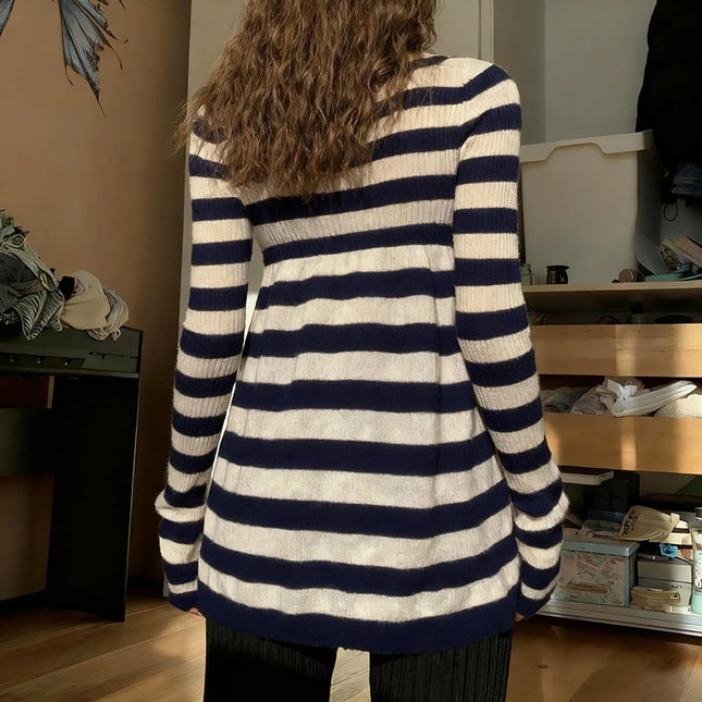 Fairy Grunge Sweater Pullovers Tops Women Y2K Stripped Babydoll Tops Vintage Long Sleeve Button Square Neck Knitted T-shirt