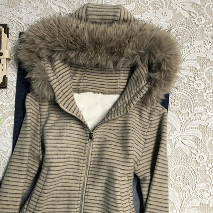 Punk Coat Y2k 2000s Vintage Faux Fur Collar Hoodie Zip-Up Woman Sweatshirts Goth Stripe Hot Girl Coat Winter Jackets Hip Hop Emo