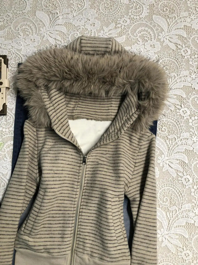Punk Coat Y2k 2000s Vintage Faux Fur Collar Hoodie Zip-Up Woman Sweatshirts Goth Stripe Hot Girl Coat Winter Jackets Hip Hop Emo