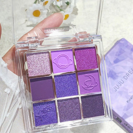 JUJU Purple Fringe 9 color eyeshadow tray - mixed berry and purple tones, matte shimmer - smoky, natural and charming