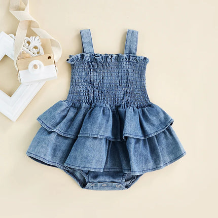 0-18M Newborn Infant Baby Girl Romper Dress Summer Sleeveless Suspender Pleated Ruffle Hem Bottom Snap Button Cute Bodysuits