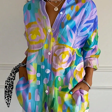 Plus Size 2025 New Women's Crushed Flower Printed Button Casual Shirt Trendy Fashion Polyester Best Choice for Spring and Summer