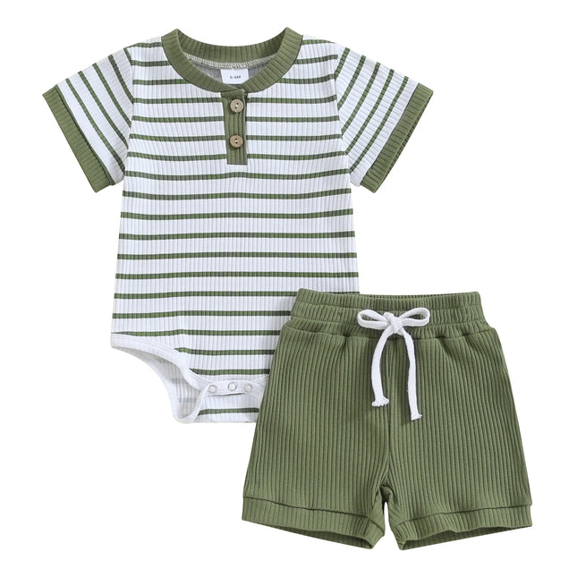 Pudcoco Infant Baby Girl Boy 2-Piece Outfits Summer Striped Short Sleeve Romper Elastic Shorts Set Toddler Newborn Girl Boy 0-18M