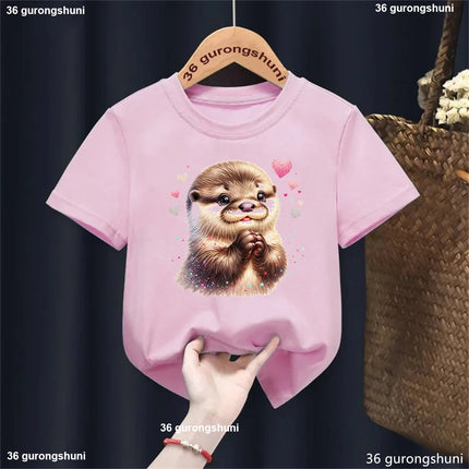 Harajuku Kawaii Kids Clothes Funny Otter Love Flowers Animal Printed T-shirt Girls/Boys Summer Fashion T-shirt Tops