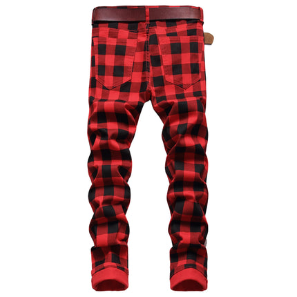 Men's Red Jeans with Checkered Print Details, Made From Stretch Denim Pants, Stylish Slim-fit Design Trousers. 28-34 36 38 40 42