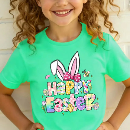 2026 Happy Easter T-Shirt for Girls Bunny Cute Rabbit Ear Letter Graphic Summer Tee Boys Girls Short Sleeve Children's Clothing