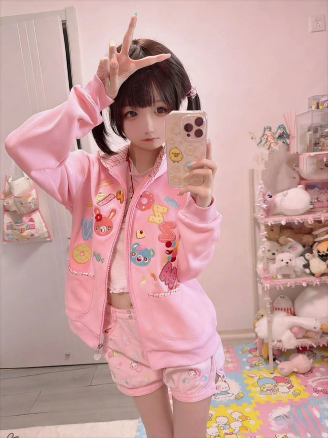 Japanese Sweet Girl Sweatshirts Cartoon Print  Zip-Up Hoodie Shorts Coat Kawaii Cute Daily Casual Subculture Women Outfit