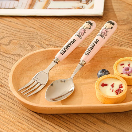 Genuine 2Pcs Cute Cartoon Snoopy Stainless Steel Spoon Ceramic Handle Spoon Fork Children's Tableware