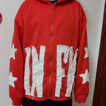 star pattern patchwork sweater letters long-sleeved pullover hoodie loose and fashionable trendy original street style vintage