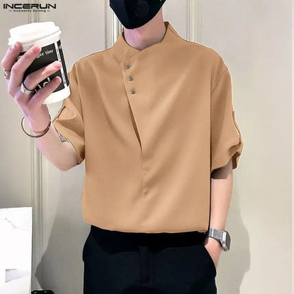 INCERUN Men Shirt Solid Color Half Sleeve Korean Style Men Clothes Streetwear Summer 2026 Stylish Casual Tops Male Shirts S-5XL