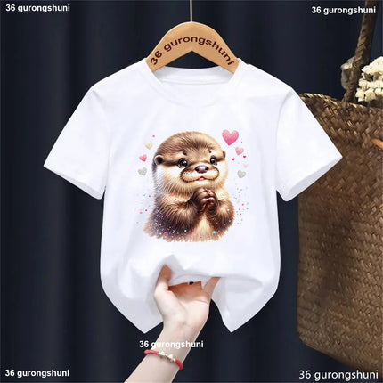 Harajuku Kawaii Kids Clothes Funny Otter Love Flowers Animal Printed T-shirt Girls/Boys Summer Fashion T-shirt Tops