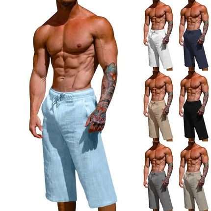 Summer Men's Casual Shorts Cotton Blended Long Elastic Waist Loose Pocket Drawstring 3/4 Length Shorts Daily Street Wear