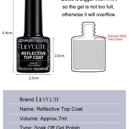 LILYCUTE 7ml Reflective Top Coat Reflective Glitter Gel Nail Polish Semi Permanent Soak Off UV Gel Nail Art Design For Manicure