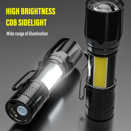 Portable Rechargeable LED Flashlight with Pen Clip Zoomable Waterproof Torch with Side Light Outdoor Camping Emergency Lantern
