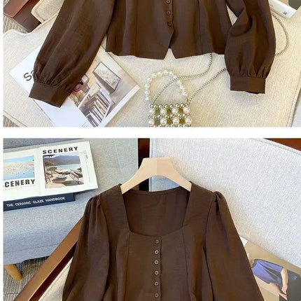 Elegant Long Sleeve Shirt Large Size Women's Early Autumn plus Size French Chic Square Collar Slimming Belly Covering Top
