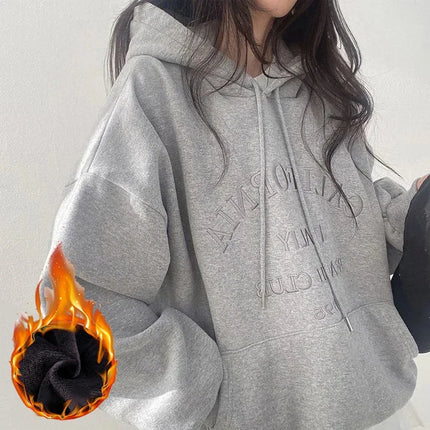 Women Plush Hooded Sweatshirt Oversized Thick Embroidery Casual Pullovers Harajuku Hip Hop Korean Loose Hoodies Sweatshirts