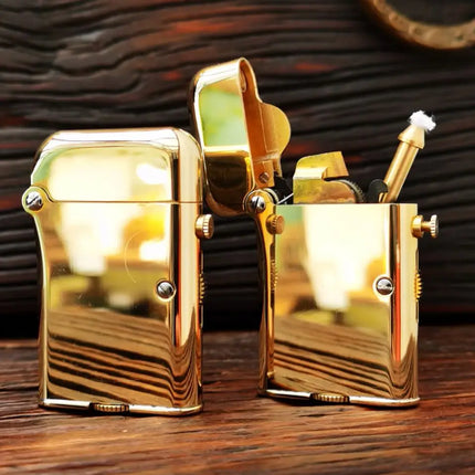 Vintage Fuel Oil Lighter Brass Chrome Plating Golden Cigarette Pipe Collection Briquet Mechanical Lifting Isqueiro