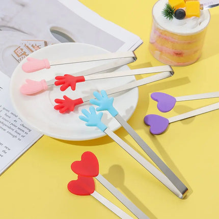 1pc Creative Silicone Stainless Steel Mini Snack Food Tongs Non-slip Handles BBQ Bread Ice Cube Clip Kitchen Accessories