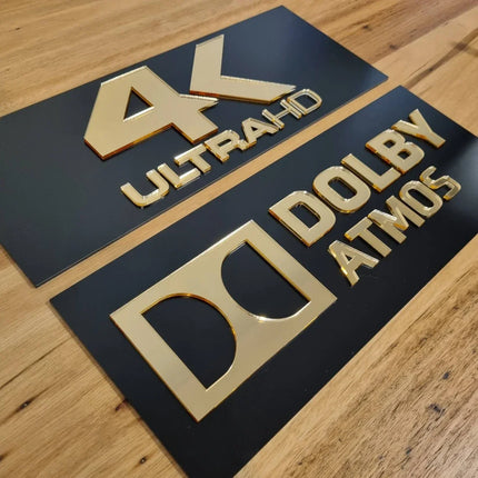 Dolby Atmos & DTS X Wall Signs Gold Mirror Acrylic Home Theater Plaque for Movie Room and Media Room Premium Cinema Room Decor