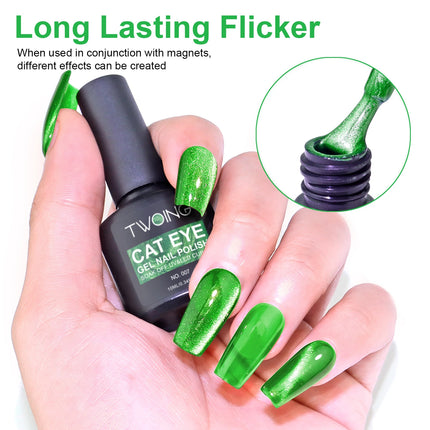 Green Cat Eye Gel Polish – Glossy Magnetic Gel Nail Polish with Holographic 9D Cat Eye Effect, Long-Lasting Soak Off UV LED Gel
