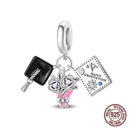 100% 925 Sterling Silver Graduation Season Series Owl Bachelor's Hat Charms Beads Fit 3mm 925 Original Bracelets DIY Jewelry