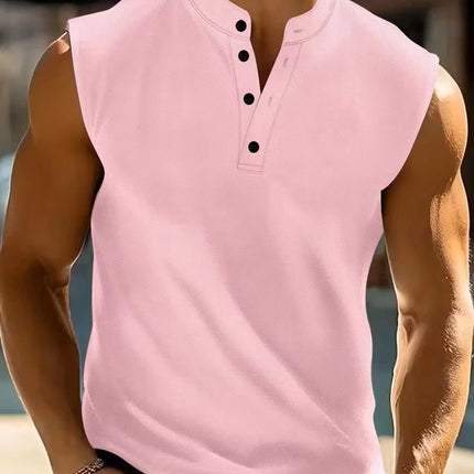 Men's Henley Neck Sleeveless Shirt, Textured Knit Tank Top, Casual Workout & Daily Wear