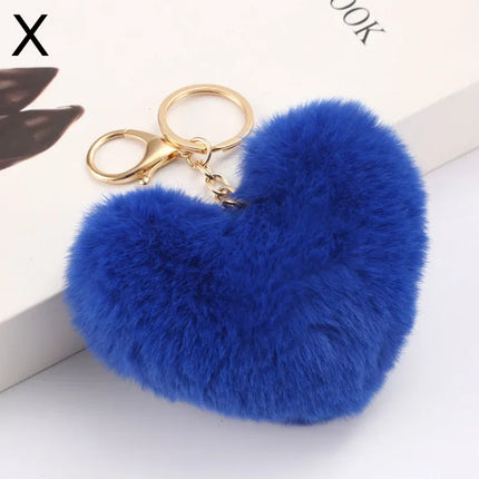 Rainbow Plush Ball Keychain Large Heart Pompom Key Chain for Women Car Bag Pendant Fashion Jewelry Fluffy Love Pompons Keyring