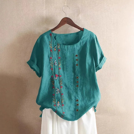Retro Cotton Linen Short Sleeve Embroidered Flower Women's T-shirt Wish Brand Crew Neck plus Size Shirt from Mainland China
