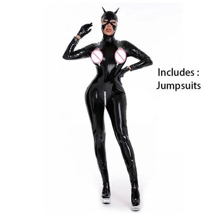 Sexy Wetlook Latex Catsuit With Mask PVC Faux Leather Jumpsuit Lady Erotic Costume PU Lingerie Faux Leather Cat Women Jumpsuit
