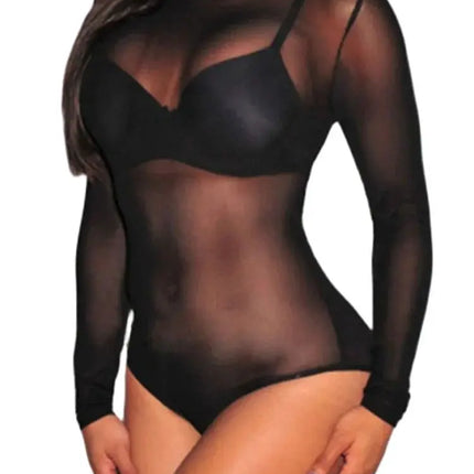 Women Mesh Bodysuits Summer Fall Long Sleeve Mock Neck Bodycon Body Top See Through Vintage Sexy Clubwear