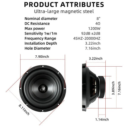 1pcs 8 Inch Car Speakers 1200W High Fidelity Car Door High Definition Mid Bass Stereo Surround Subwoofer Universal Car Audio