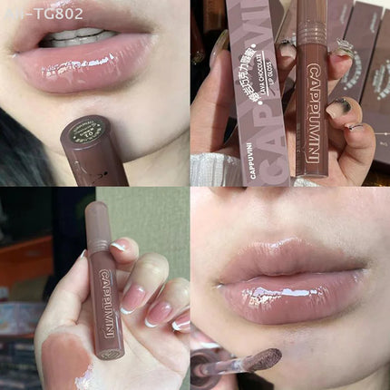 Cappuvini Punk Dark Brown Mirror Water Lip Gloss Waterproof Long-Lasting Liquid Lipstick Tint Red Glaze Transparent Glass