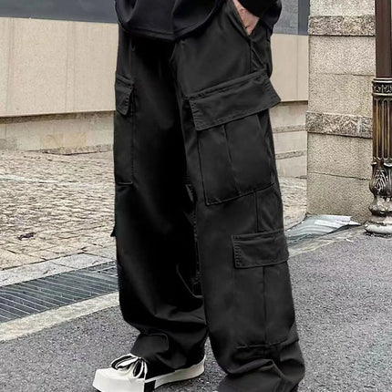 Men's Spring and Autumn Multi-Pocket Cargo Pants with Elastic Waistband and Drawstring Adjustment, Solid Color Multi-Pocket Long Pants Suitable for Outdoor Sports and Leisure