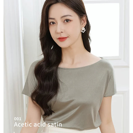 Summer women's short sleeved acetate fabric high-end knitted women's T-shirt thin European style hot selling women's T-shirt