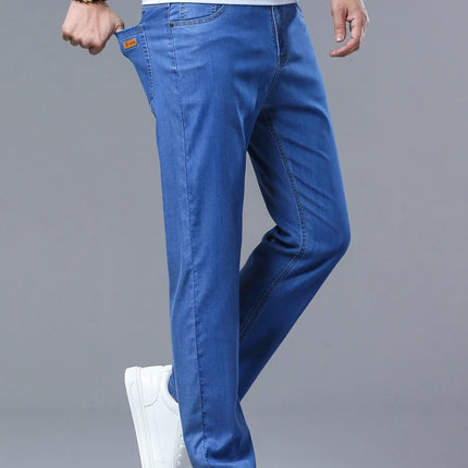 Lyocell Ice Silk Jeans Men's Comfortable Soft Cool Drape Casual Trousers Spring Summer Thin Korean Business Straight Denim Pants