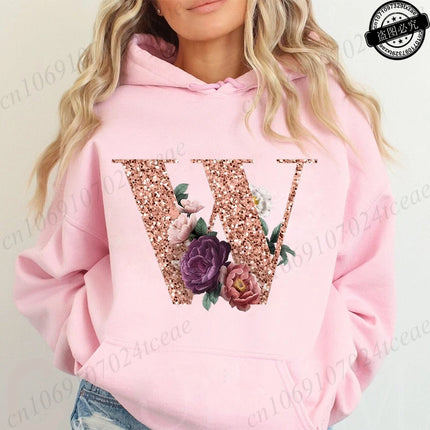 Rose Gold Letter A~Z Printed Women's Sweatshirts Hoodie Fashion Women Hooded Hoodies Casual Harajuku Streetwear Pink Clothing
