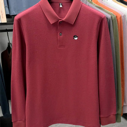 Men's Long-Sleeve Golf Polo Shirt, Branded Print, Spring, 100% Cotton, Comfortable, Breathable, Fashionable, Casual, High-End T-shirt