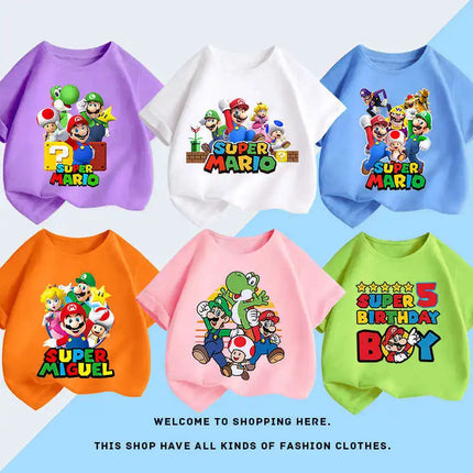 New Super Mario and Luigi Anime Children's Cotton Short-sleeved T-shirt, Cartoon Game Trendy Top for Boys' Casual Short Sleeves.