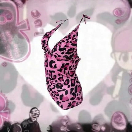 Kimotimo Y2k Street Pink Leopard Print V-Neck Halter Camisole Women's Sexy Backless Slim Fit Waist Tank Top Spicy Girls Chic Vest