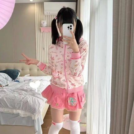 Cute Japanese Printed Cardigan Women Y2K Fairy Grunge Ruffle Patchwork Outerwear Sweet Lolita Harajuku Style Daily Casual Outfit